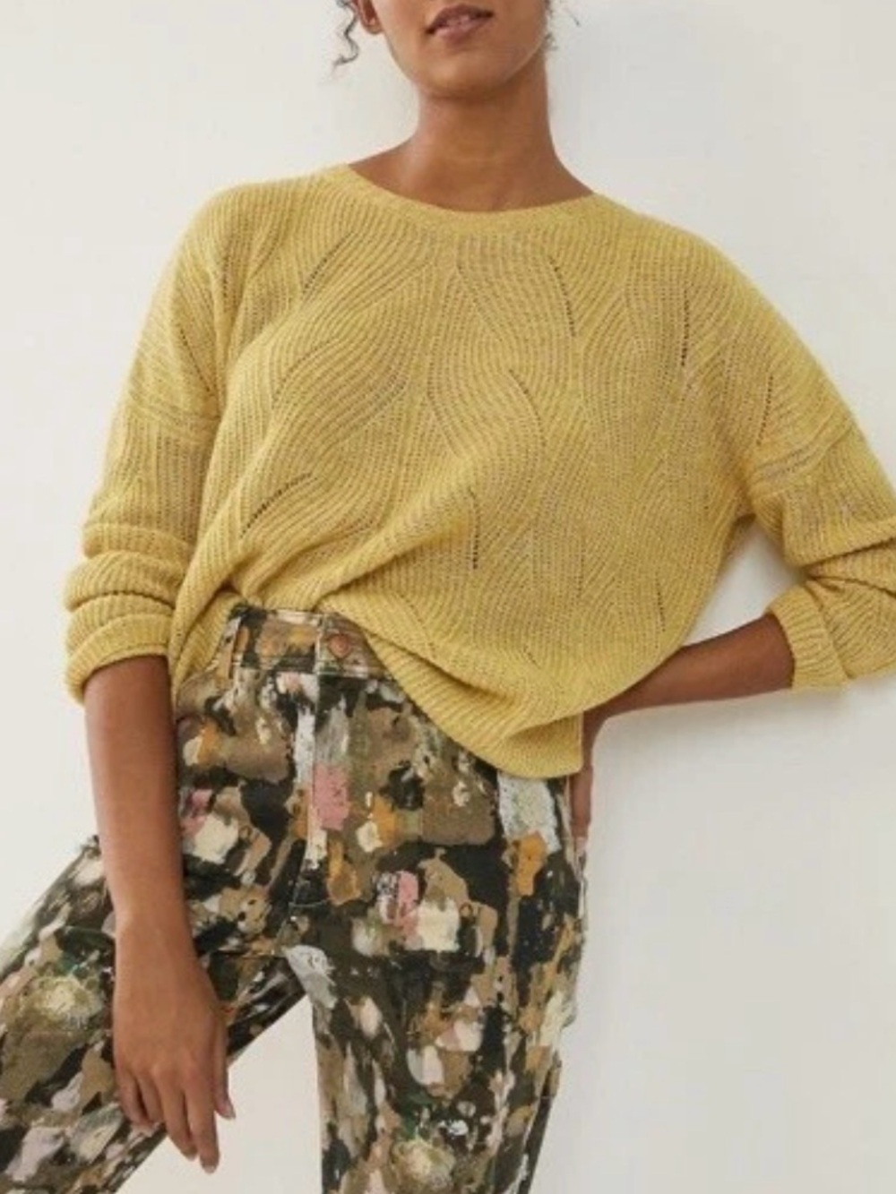 Anthropologie Keely Cable-Knit Sweater in Mustard Yellow Oversized Boxy Fit Sz L